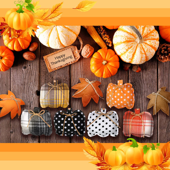 18 Pcs Fall Thanksgiving Ornaments for Tree Pumpkin Maple Leaves Halloween Hanging Decorations Buffalo Plaid Polka Dot Thanksgiving Farmhouse Fabric Ornaments for Harvest Autumn Decor (Plaid Style)