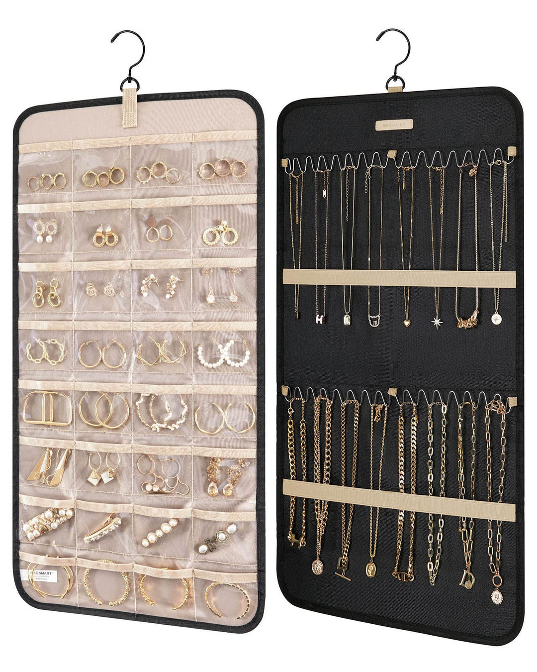 Hanging Jewelry Organizer Storage Roll with Hanger Metal Hooks Double-Sided Jewelry Holder for Earrings, Necklaces, Rings on Closet, Wall, Door, 1 piece, Medium, Black