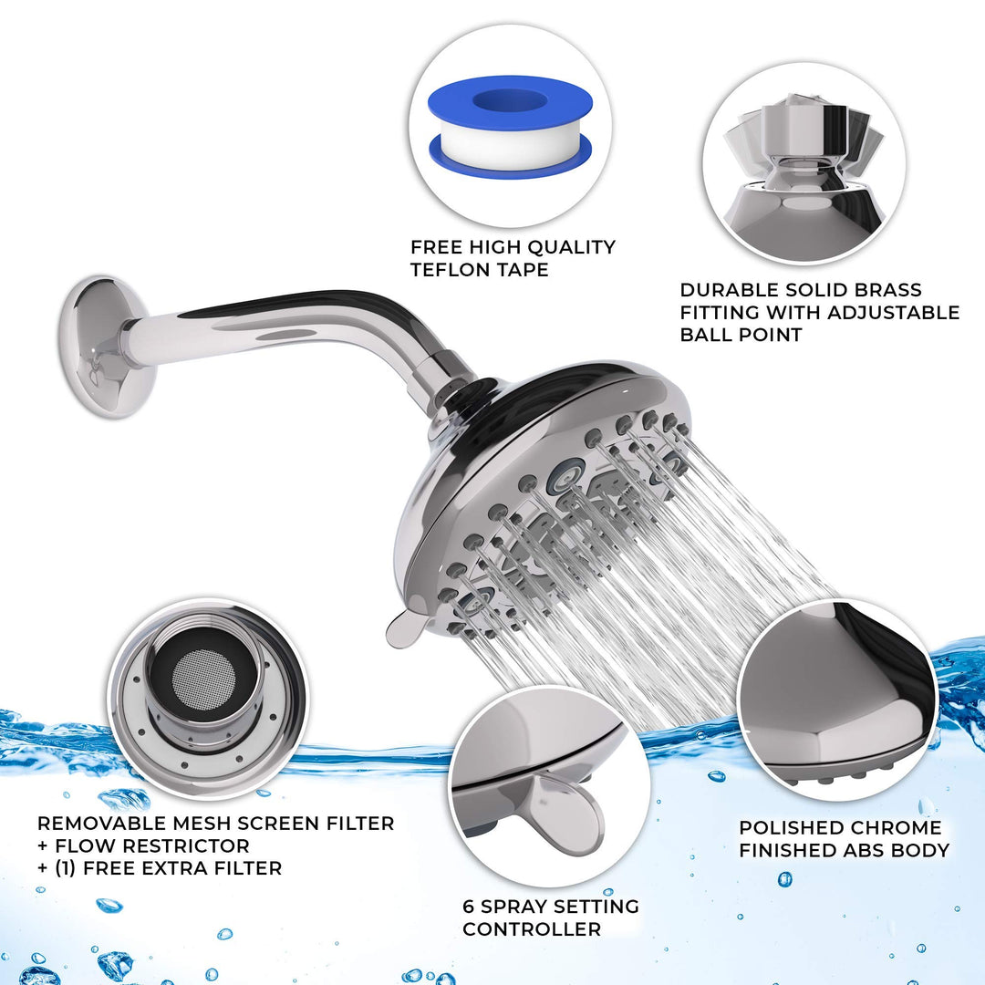 Fixed Shower Head 6 Spray Settings, 5 inch Anti-Clog Chrome Showerhead for Water Saving, Easy Tool Free Installation in Bathroom