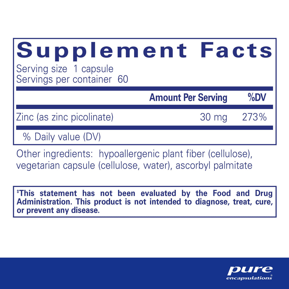 Zinc 30 mg - Supplement for Immune System Support, Growth and Development, and Wound Healing* - with Zinc Picolinate 30 mg - 60 Capsules
