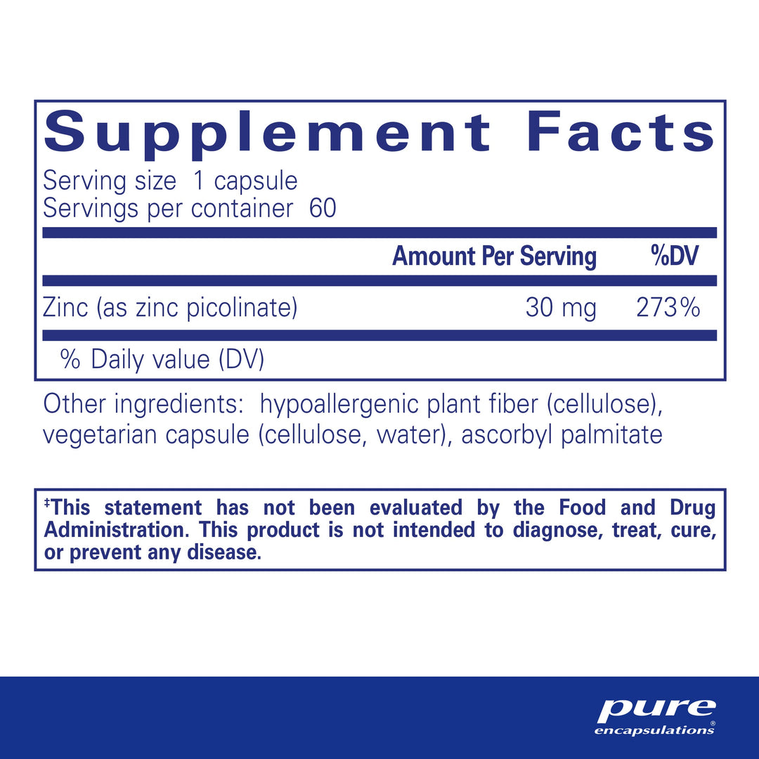 Zinc 30 mg - Supplement for Immune System Support, Growth and Development, and Wound Healing* - with Zinc Picolinate 30 mg - 60 Capsules