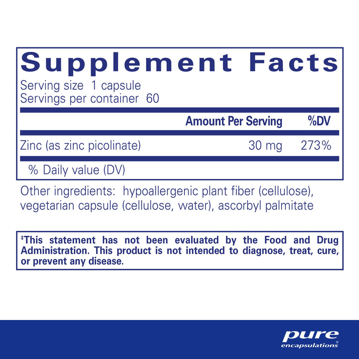 Zinc 30 mg - Supplement for Immune System Support, Growth and Development, and Wound Healing* - with Zinc Picolinate 30 mg - 60 Capsules
