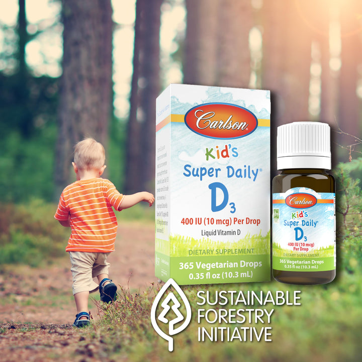 - Kid's Super Daily D3, Kids Vitamin D Drops, 400 IU (10 mcg) per Drop, Heart & Immune Health, Vegetarian, Liquid Vitamin D Drops, Unflavored, 365 Drops