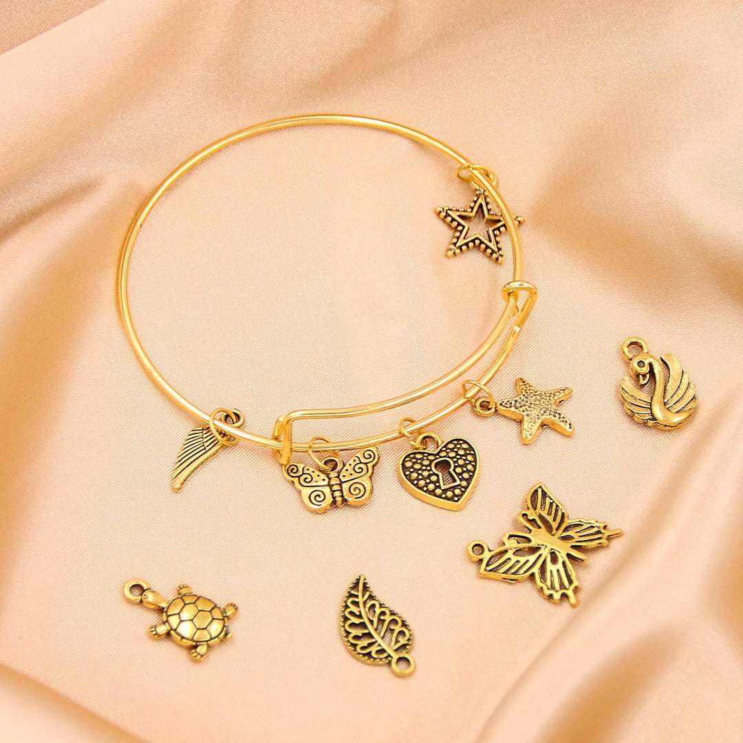 30Pcs gold Expandable Blank Bracelets Adjustable Wire Bangles with 100Pcs Tibetan Silver Charms, 200Pcs Open Jump Rings for Jewelry Making