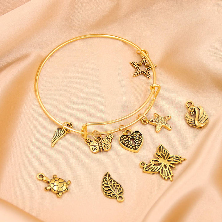30Pcs gold Expandable Blank Bracelets Adjustable Wire Bangles with 100Pcs Tibetan Silver Charms, 200Pcs Open Jump Rings for Jewelry Making