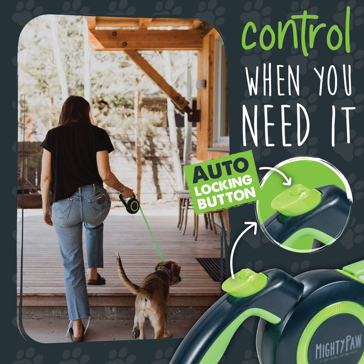 Retractable Dog Leash 2.0 - Auto-Locking Button for The Control When You Need - Stainless Steel Coil for Smooth Retraction - Super Reflective Ring for Nighttime Visibility - No More Tangle
