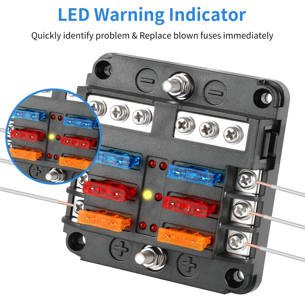 6 Way Fuse Block, 12V Fuse Box with LED Indicator Waterproof Cover 6 Circuits with Negative Bus Fuse Panel for DC 12V/24V Car Marine Boat RV Trailer Truck Van Vehicle