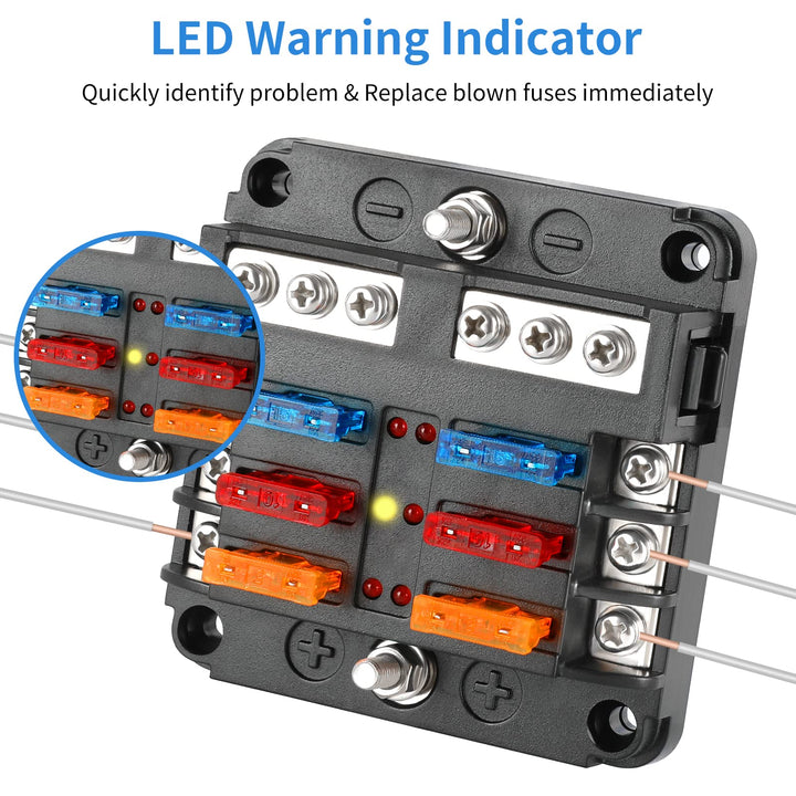 6 Way Fuse Block, 12V Fuse Box with LED Indicator Waterproof Cover 6 Circuits with Negative Bus Fuse Panel for DC 12V/24V Car Marine Boat RV Trailer Truck Van Vehicle
