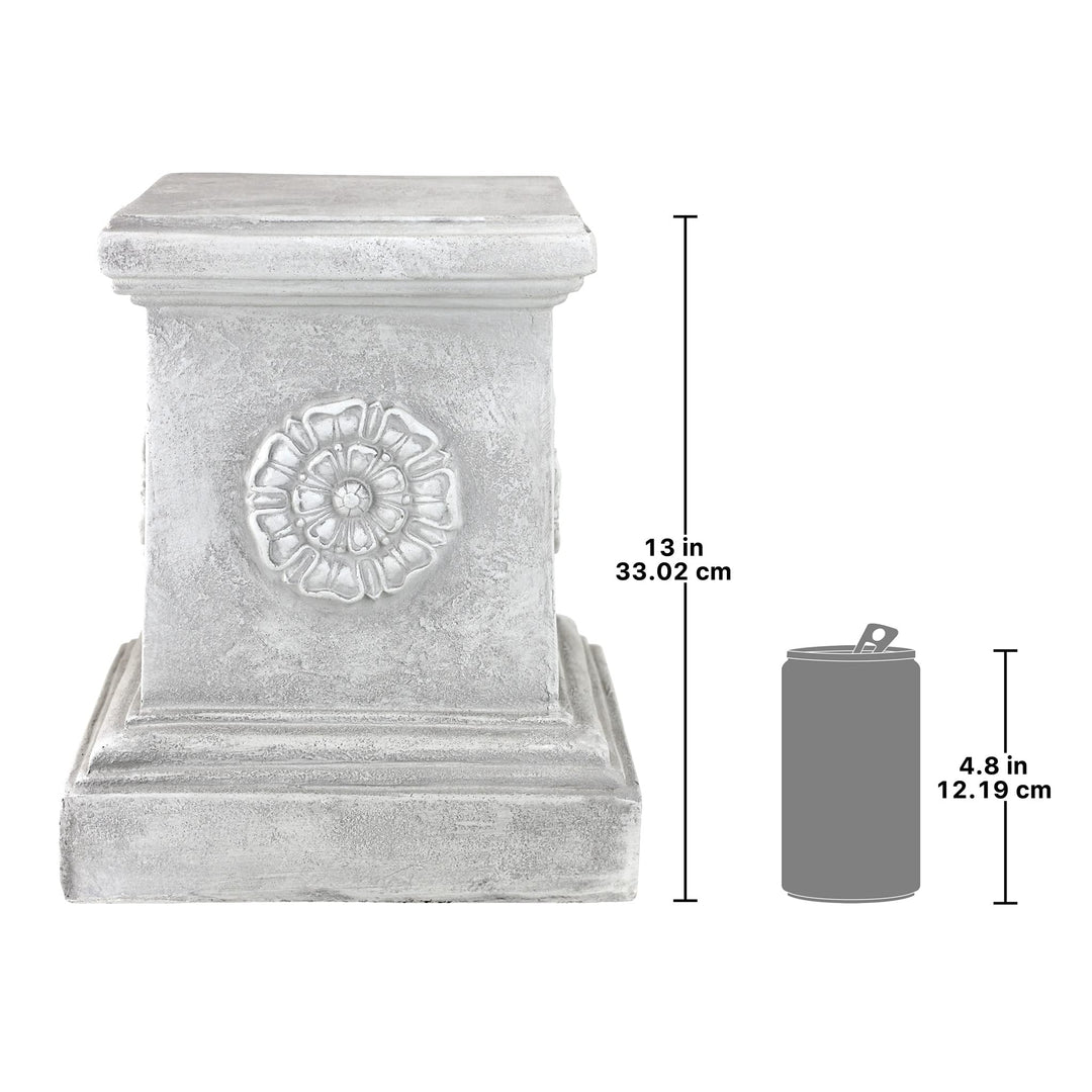 English Rosette Indoor/Outdoor Sculptural Garden Plinth Base Statue Riser, 11 Inches Square, 13 Inches Tall, Handcast Polyresin, Antique Stone Finish