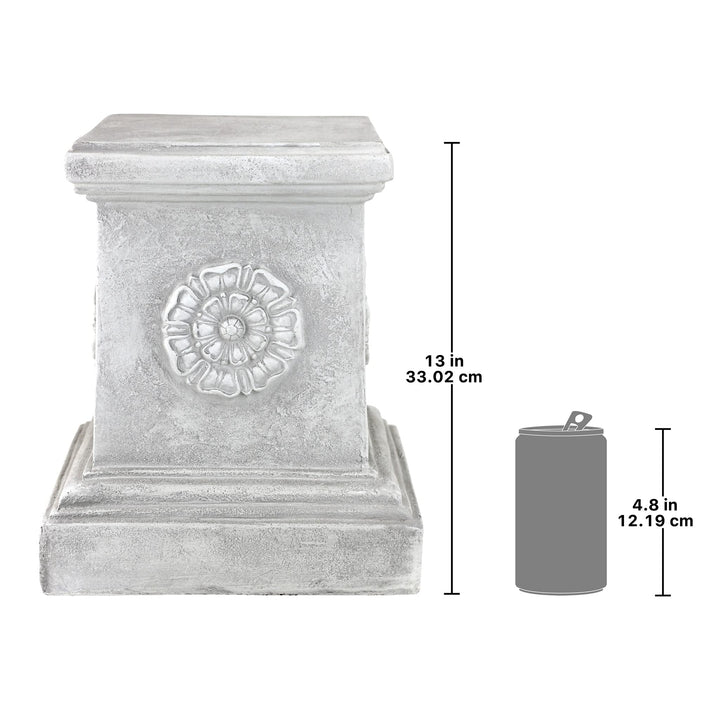 English Rosette Indoor/Outdoor Sculptural Garden Plinth Base Statue Riser, 11 Inches Square, 13 Inches Tall, Handcast Polyresin, Antique Stone Finish