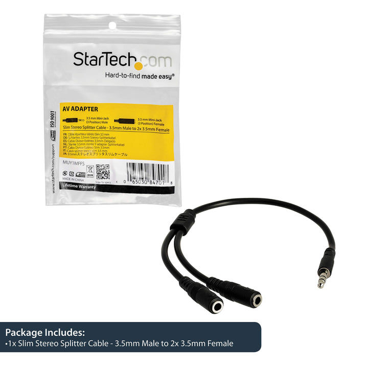 3.5mm Audio Extension Cable - Slim Audio Splitter Y Cable and Headphone Extender - Male to 2x Female AUX Cable (MUY1MFFS)
