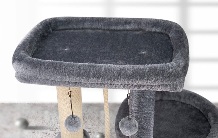 YOUPET 35'' Fashion Design Cat Tree with Cat Condo and Scratching Ramp for Indoor Cats, Activity Center Cat Furniture with Cozy Hammock and Hanging Balls, Grey