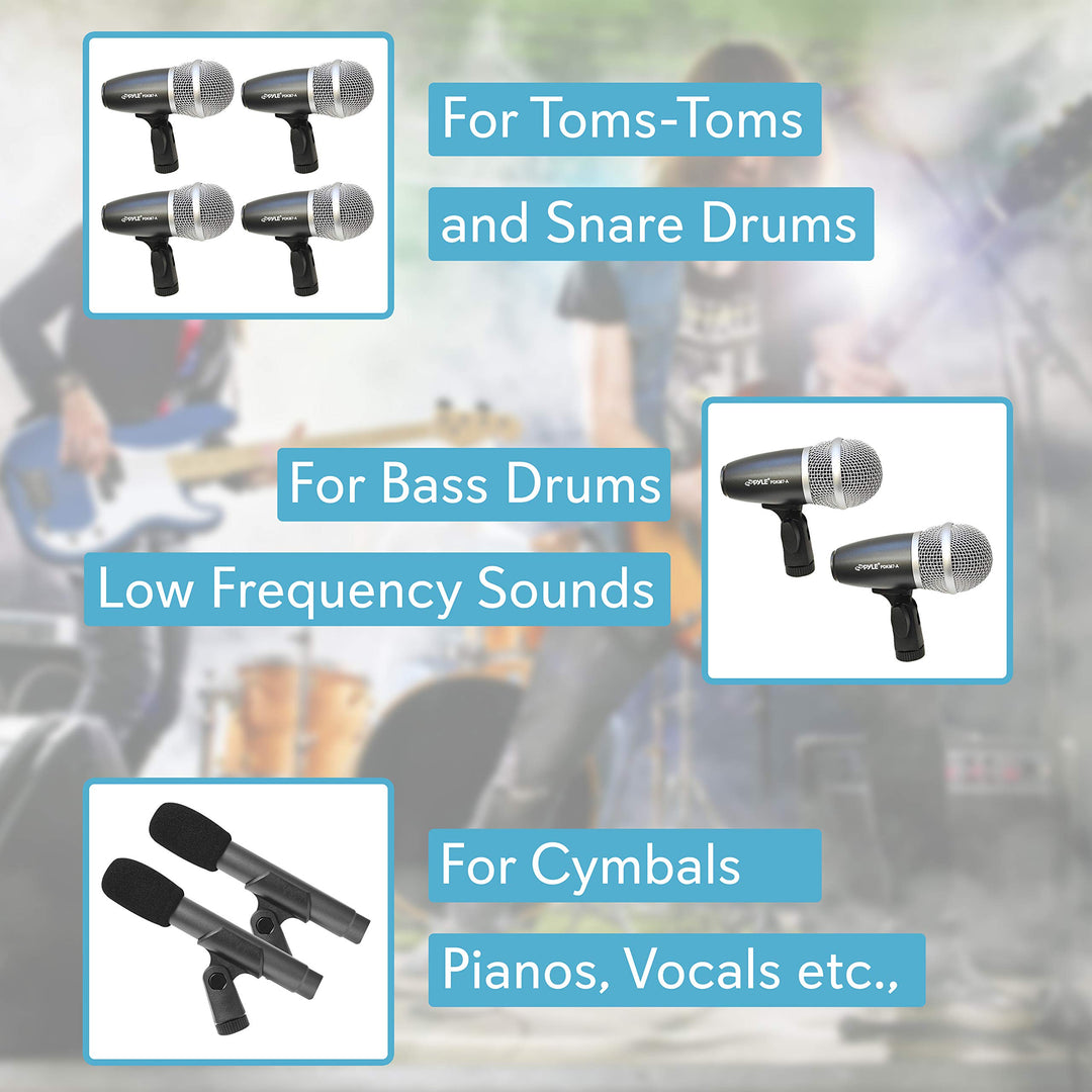7-Piece Wired Dynamic Kit-Kick Bass, Tom/Snare & Cymbals Microphone Set-for Drums, Vocal, & Other Instrument-Complete with Thread Clip, Inserts, Mics Holder & Case, Black