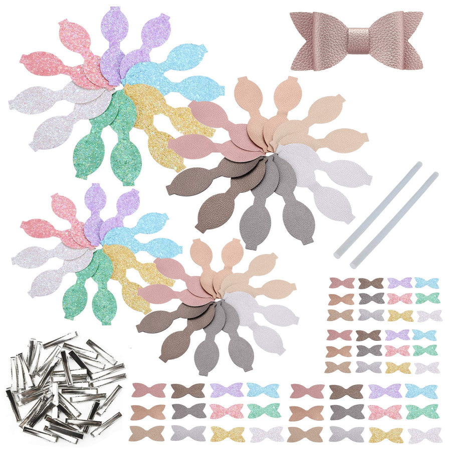 Faux Leather Hair Bows DIY Making Kit with Pre Cut Pieces and Hair Clips,Make Fashionable Shiny Hair Clips for Girls Lady Woman (Small & Medium Size,48 Set)