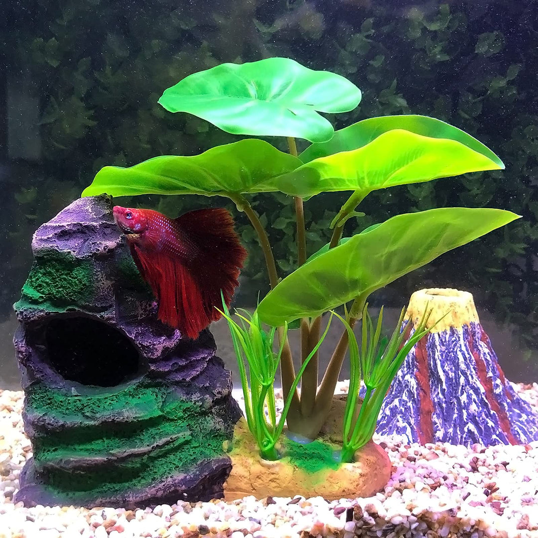 Betta Fish Leaf Pad Hammock Aquarium Decoration Cichlid Fish Tank Resin Rock Mountain Cave Ornaments Fish Bowl Decorations for Sleeping Resting Hiding Playing Breeding