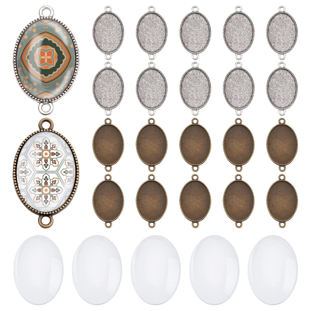 24pcs Double Holes Photo Charms Connector Pendant Tray Blanks Bezel Cabochon Settings with 24pcs Glass Cabochon Tiles Memorial Photo Pendant for Bouquet Wedding Graduation Photo Charm
