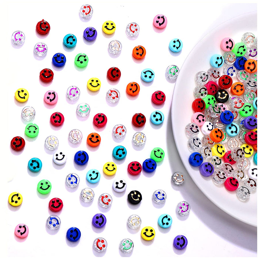 120PCS Happy Face Beads Colorful Flower Polymer Clay Happy Face Beads Vinyl Resin Acrylic Loose Spacer Beads for Bracelet Necklace Earring Jewelry Making Supplies with Elastic String