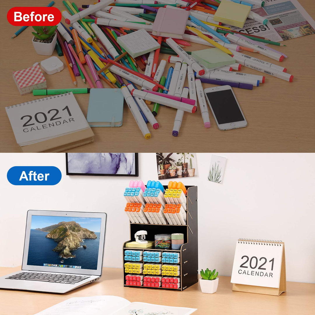 Upgraded Wooden Pencil Holder, Pen Organizer for Desk, Easy Assembly, Art Supply Organizer, Desktop Stationary Organizer Caddy (Black)