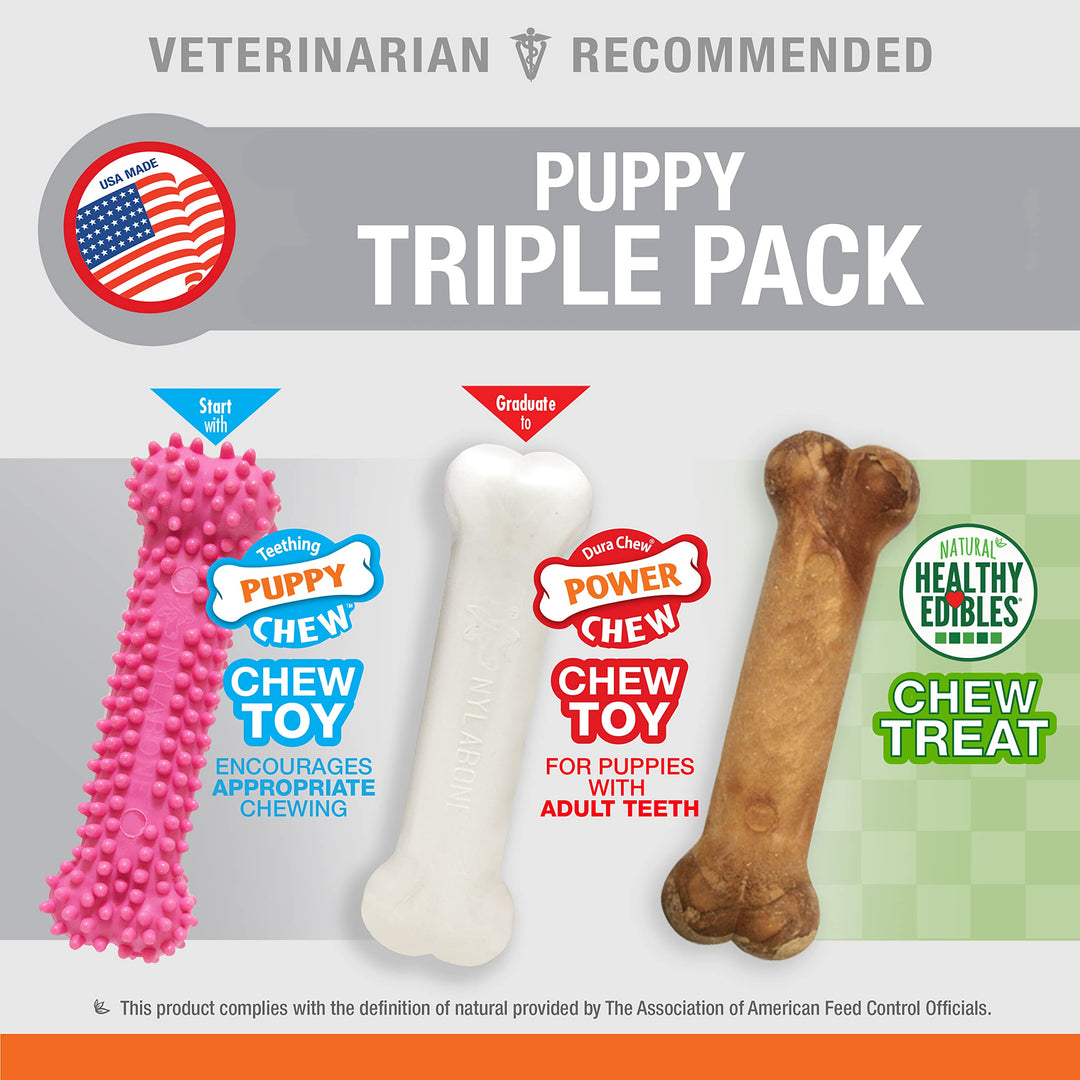 Puppy Chew Toys & Natural Treat Triple Pack, Pink, Chicken & Bacon Flavor, Small - Up to 25 Ibs, 3 Pack
