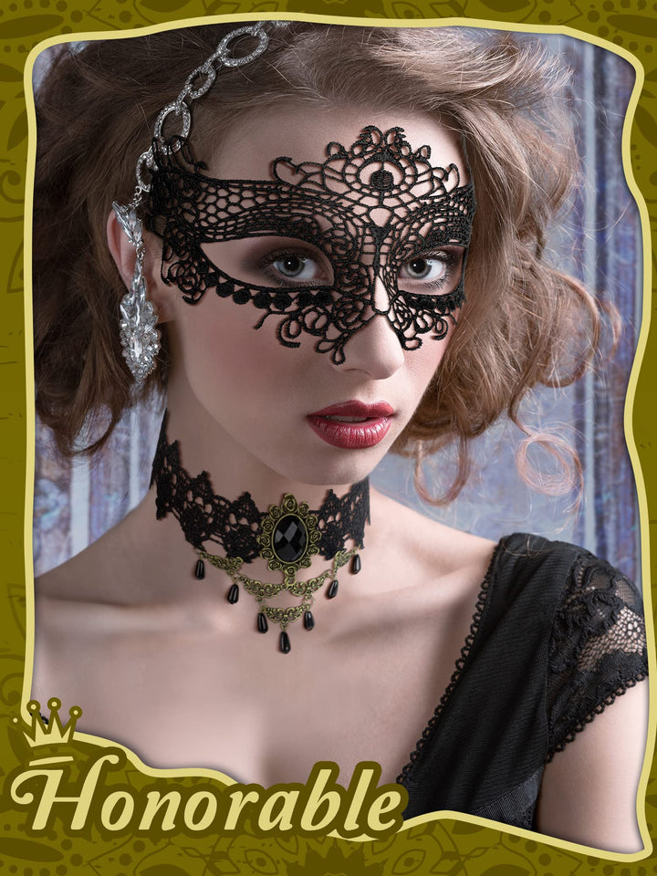 Masquerade Costume Set for Women, Lace Mask Gloves Black Gothic Choker Necklace Cosplay Accessories (Elegant Style)