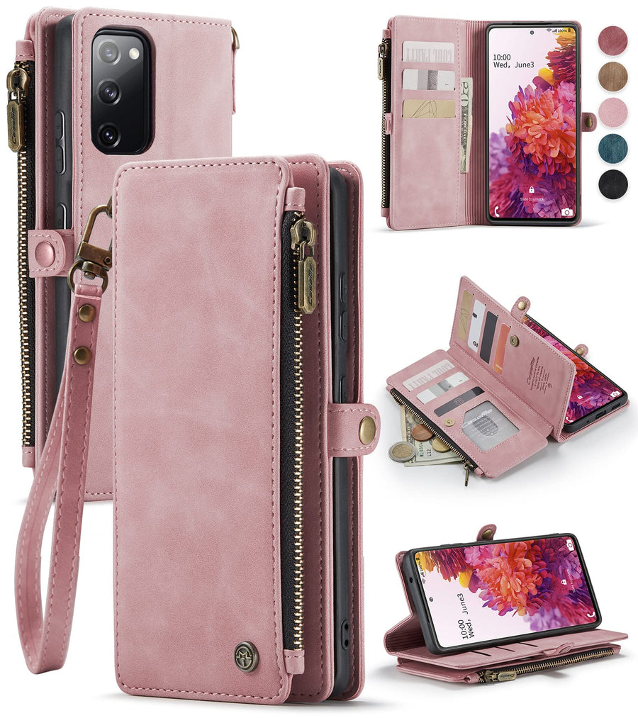 Compatible with Samsung Galaxy S20 FE 5G Case Wallet with RFID Blocking Card Holder for Women Men, PU Leather Magnetic Snap Flip Zipper Strap Wallet Phone Case Fit for Galaxy S20 FE 5G, Pink