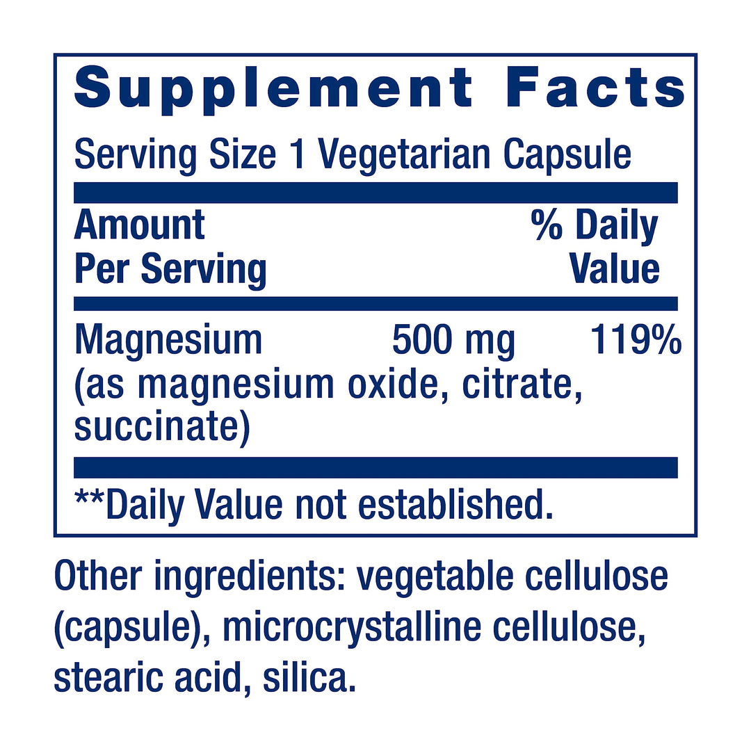 Magnesium Caps, 500 mg, Magnesium Oxide, Magnesium Citrate, Magnesium Succinate, Heart Health, Healthy Bones, Metabolism Support, 100 Vegetarian Capsules