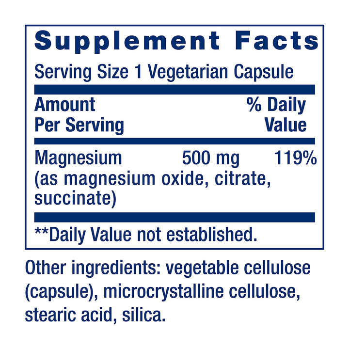 Magnesium Caps, 500 mg, Magnesium Oxide, Magnesium Citrate, Magnesium Succinate, Heart Health, Healthy Bones, Metabolism Support, 100 Vegetarian Capsules