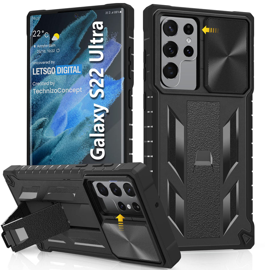 for Samsung Galaxy S22 Ultra Case: Rugged Protective S22 Ultra 5G Phone Cover with Kickstand & Slide Camera Lens Cover - TPU Shockproof Bumper Textured Matte Design Military-Grade Drop Protection-Red