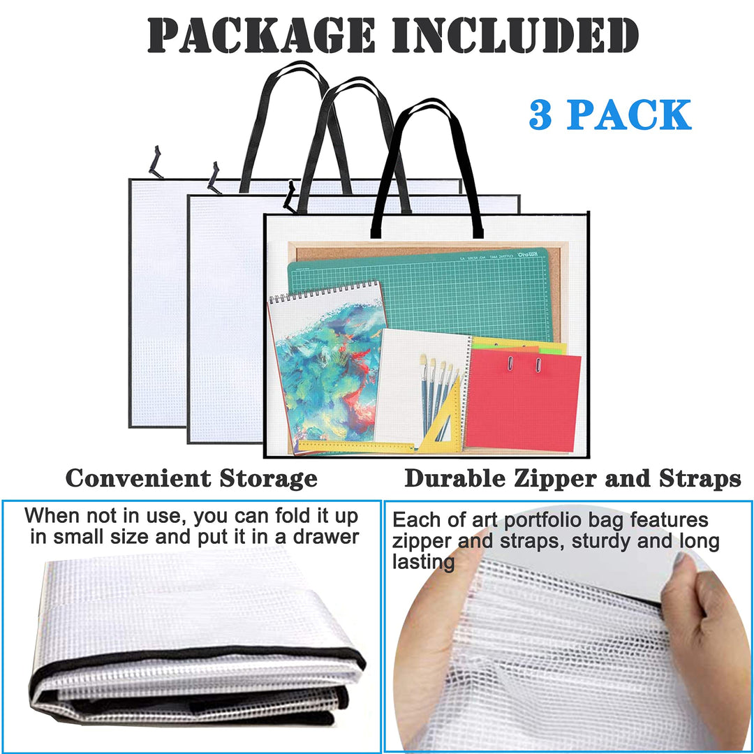 3 Pieces Art Portfolio Bag Poster Storage Bag, with Zipper and Handle Posters Organizer Transparent White Bag for Large Posters, Poster Board, Painting, Bulletin Boards 19 x 25 inch