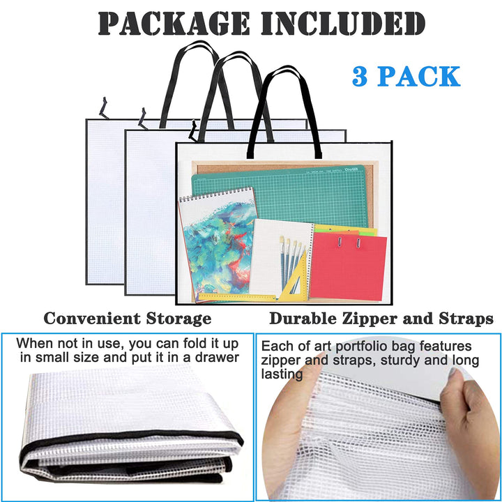 3 Pieces Art Portfolio Bag Poster Storage Bag, with Zipper and Handle Posters Organizer Transparent White Bag for Large Posters, Poster Board, Painting, Bulletin Boards 19 x 25 inch