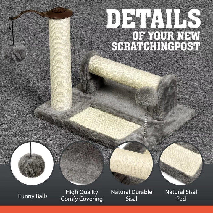 Petellow Cat Scratching Post and Pad, Cat Scratching Posts for Indoor Cats, Natural Sisal-Covered Cat Scratch Post and Pads with Cat Play Ball, Cat Scratcher for Kittens and Cats-Grey