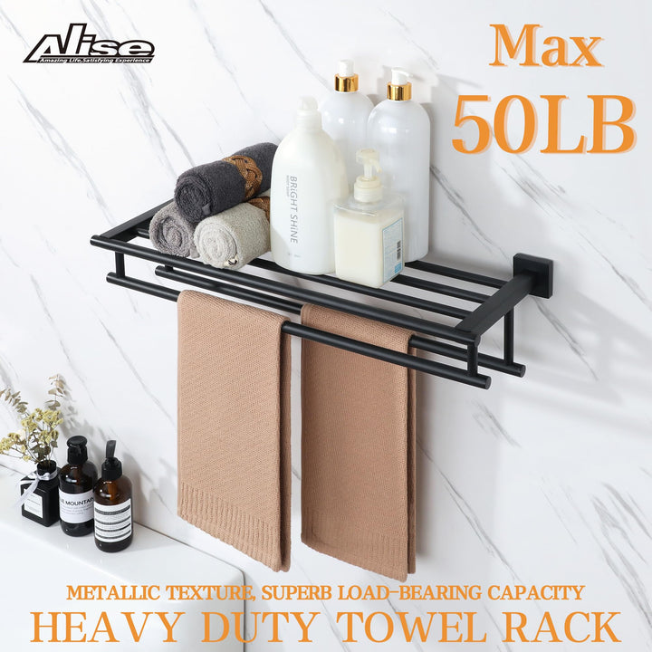 Towel Rack for Bathroom and Lavatory,24 Inch Tower Holder Towel Hanger with Double Towel Bars for Bath Wall,Wall Mount SUS304 Stainless Steel Tower Shelf Matte Black,GZ8000-B