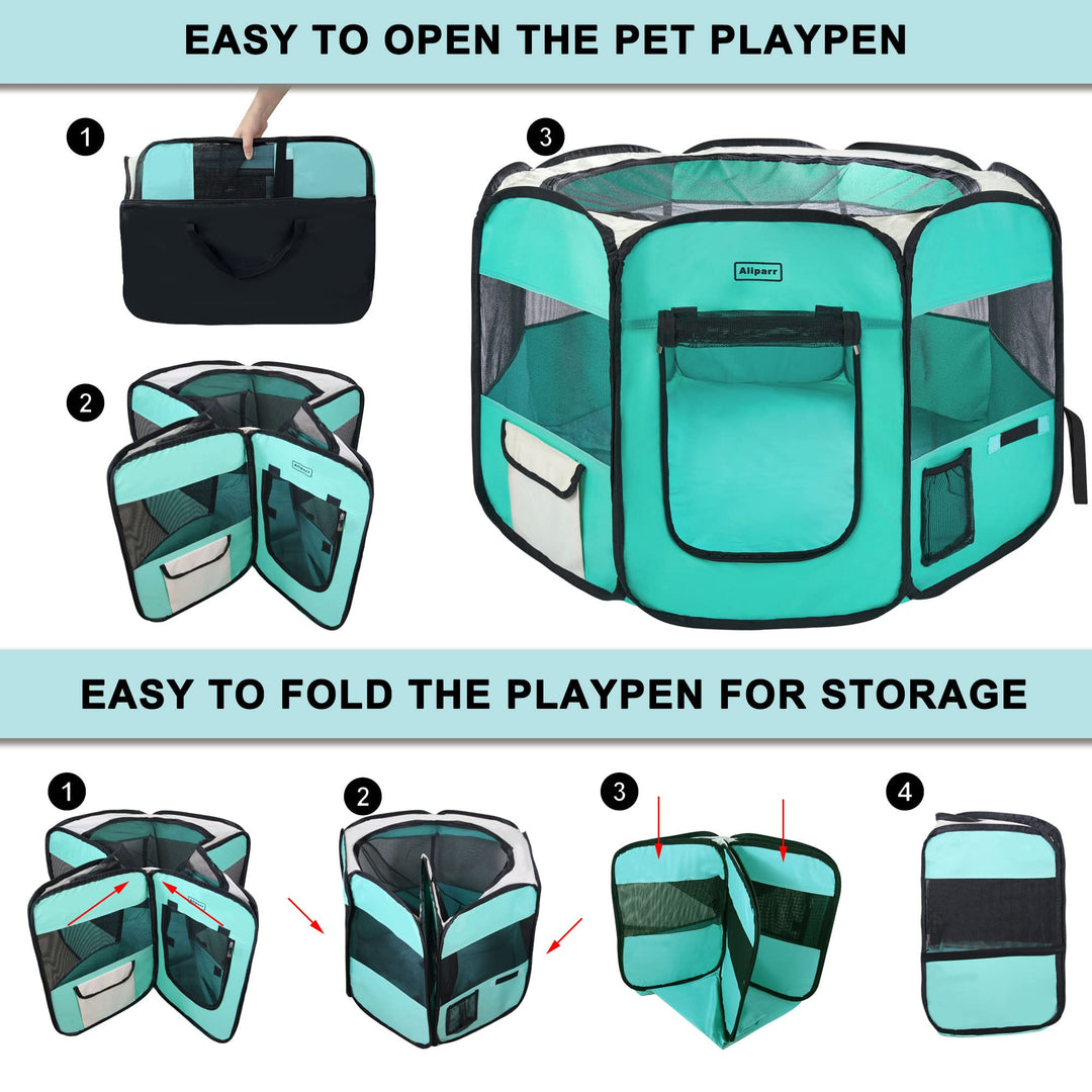 Portable Dog Cat Playpen Foldable Pet Exercise Pen Tents for Dogs/Cats/Rabbits/Pets, Indoor/Outdoor Travel Camping Use with Carry Case