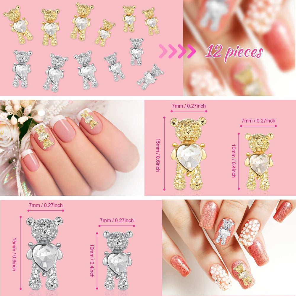 12 Pieces 3D Bear Nail Charms 3D Nail Art Shiny Alloy Bear Nail Charms Cute Nail Rhinestones and Charms Crystal Bear Nail Ornaments Nail Art Rhinestones Nail Decoration for Women Girls DIY Nail Art