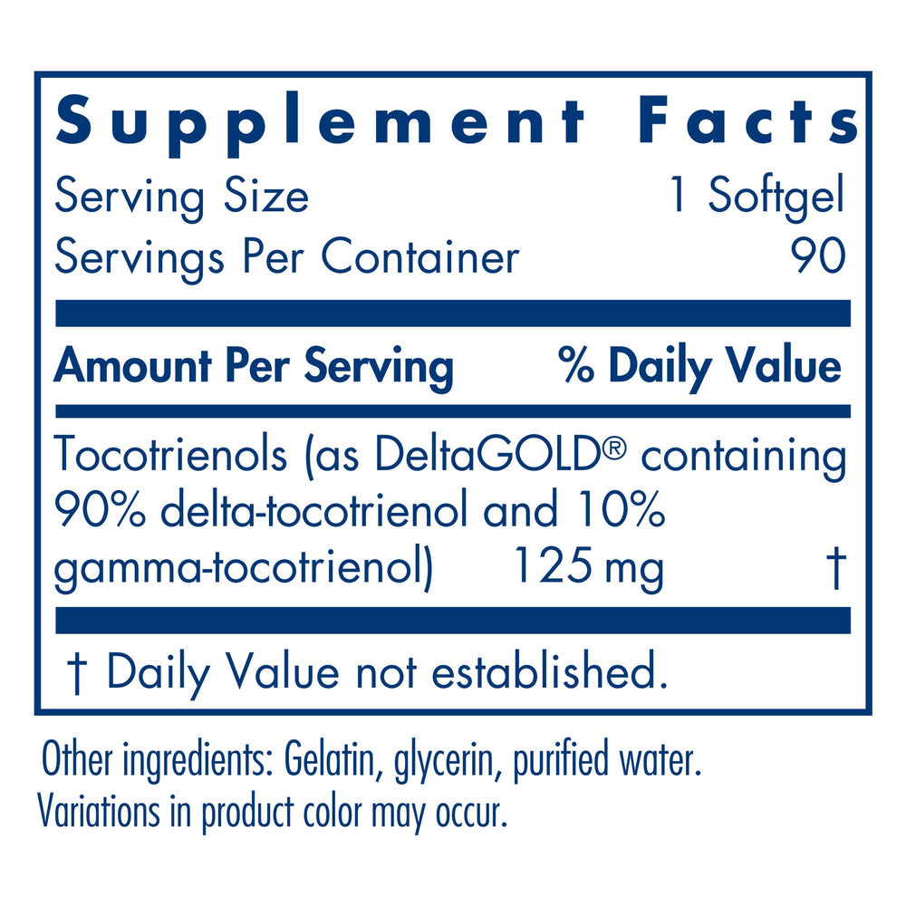 Delta-Fraction Tocotrienols Dietary Supplement - Vitamin E, Cardiovascular Health, Hypoallergenic, Softgels - 90 Count, 125 mg