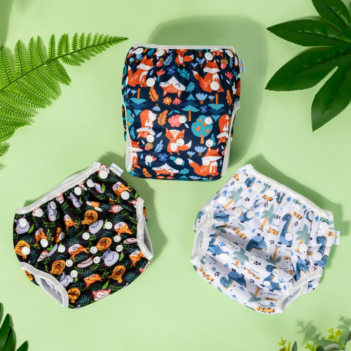 Babygoal Swim Diapers 3 Pack for 8M-3T Babies and Toddlers, Reusable Adjustable Washable for Baby Girl and Boy Swimming Lessons-Fox,Deer,Dinosaur