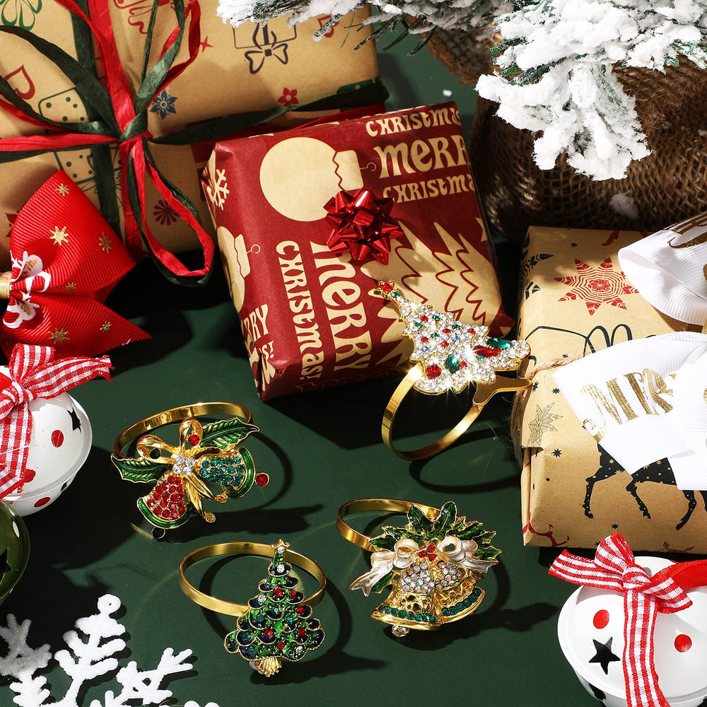 Christmas Napkin Rings Christmas Tree Napkin Ring Xmas Bell Napkin Ring Xmas Napkin Holder Metal Rhinestone Napkin Ring Serviette Buckle for Christmas Holiday Party Dinner Table Decor (Classic, 4 Pcs)