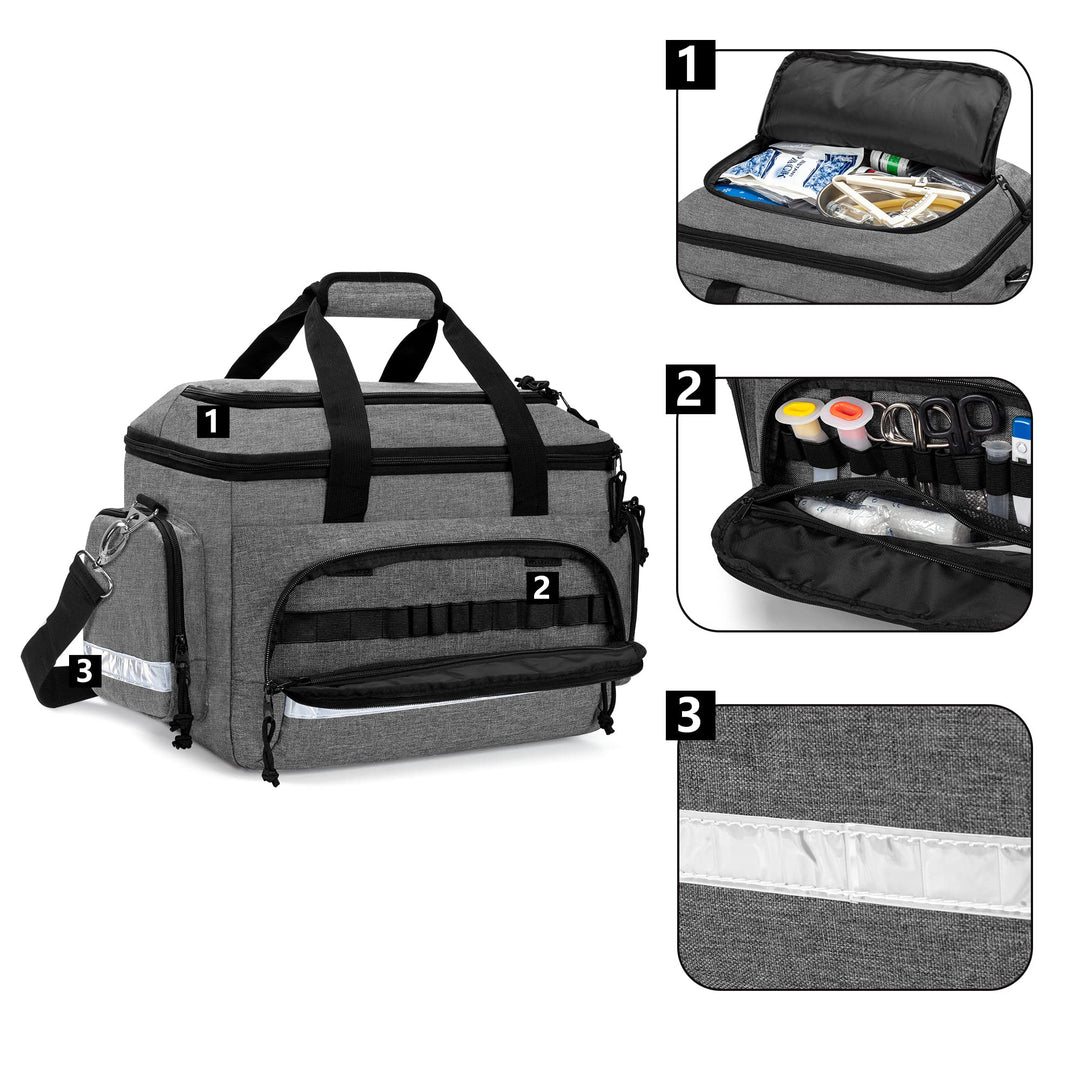 Medical Trauma Bag, First Aid Bags Empty Medical Bag with Detachable Dividers, Ideal for Nurse, Physical Therapists, Doctors, Gray (BAG ONLY)