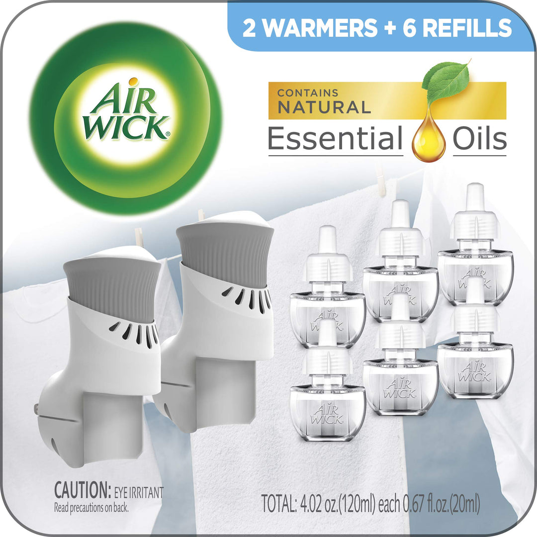 Plug in Scented Oil Starter Kit, 2 Warmers + 6 Refills, Fresh Linen, Same Familiar Smell of Fresh Laundry, Eco Friendly, Essential Oils, Air Freshener