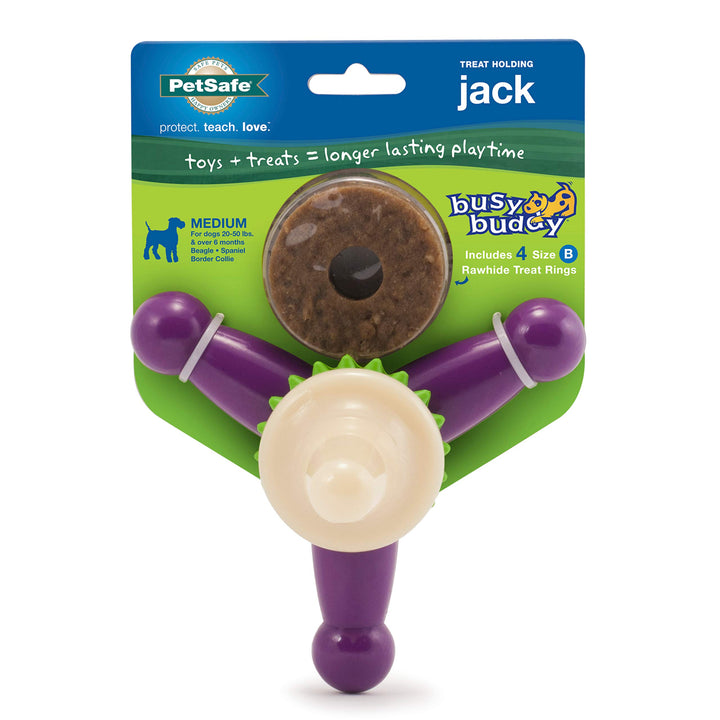 Busy Buddy Jack - Treat Holding Dog Chew Toys - Helps Clean Teeth - Vanilla Scented Rubber for Strong Chewers - Treat Refills Included, Interactive Dog Toy Helps Keep Dogs Busy, Purple, Medium