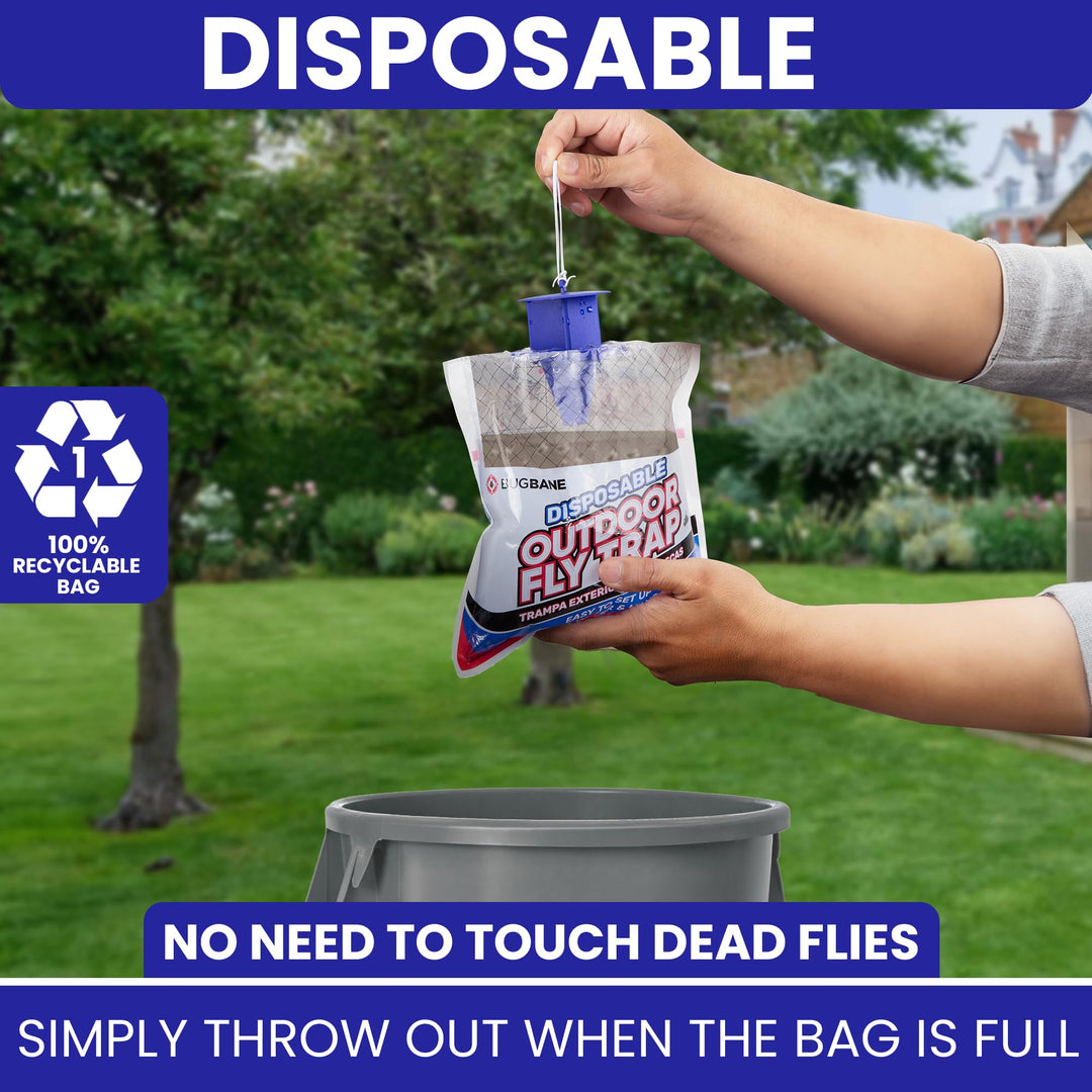 Fly Trap Outdoor Hanging Fly Catcher. 4 Pack Disposable Outdoor Fly Bags with Fly Bait Repellent and Blue Fly Attractant Lure. Fly Trapper Helps Control Horse Flies in Barns or Ranch