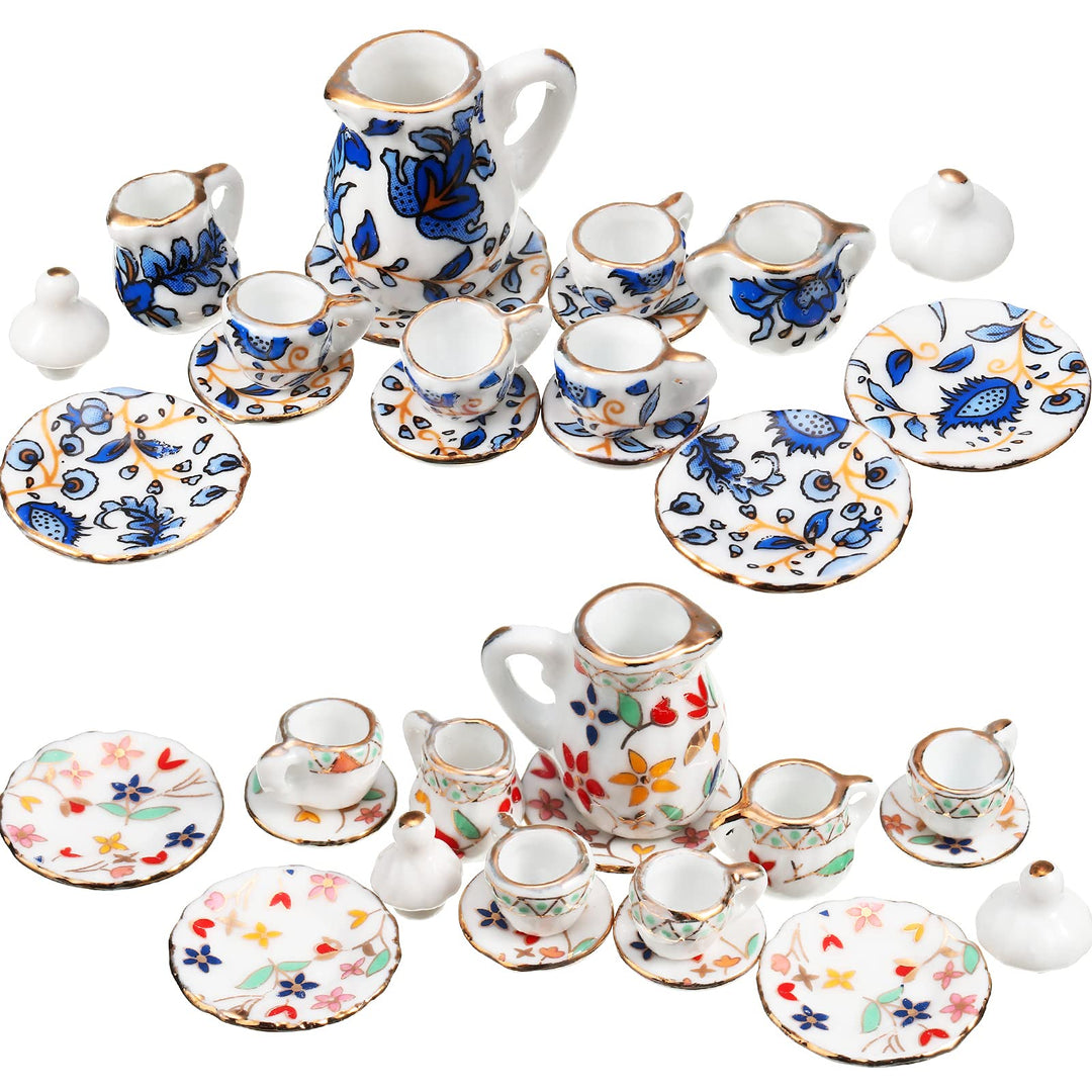 2 Set 1:12 Dollhouse Miniature Porcelain Tea Cup 30 Pieces Mini Flowers Pattern with Golden Trim Teapot Cup Plate Dollhouse Kitchen Accessories (Charming Style)
