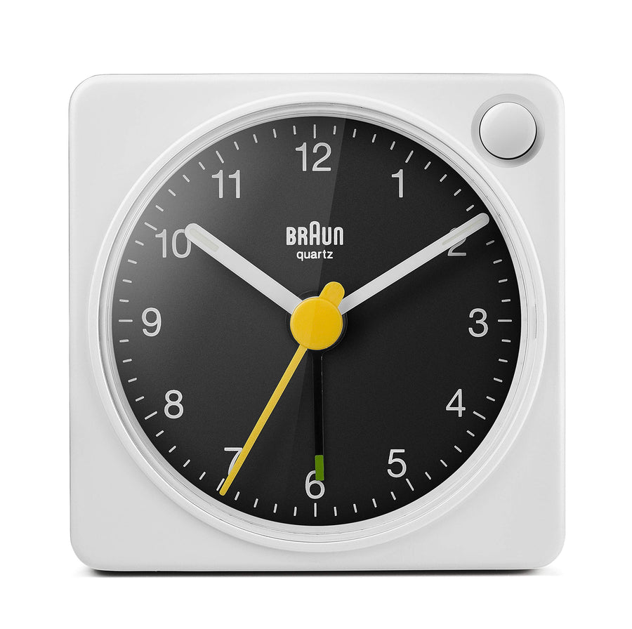 Classic Travel Analogue Alarm Clock with Snooze and Light, Compact Size, Quiet Quartz Movement, Crescendo Beep Alarm in White and Black, Model BC02XWB.