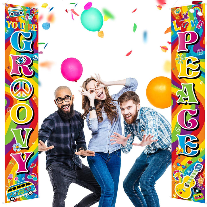 60's Party Scene Setters Wall Decorating Kit 60s Porch Sign Party Door Sign for 1980s Theme Party Rock Star Birthday Decoration (60s Groovy)