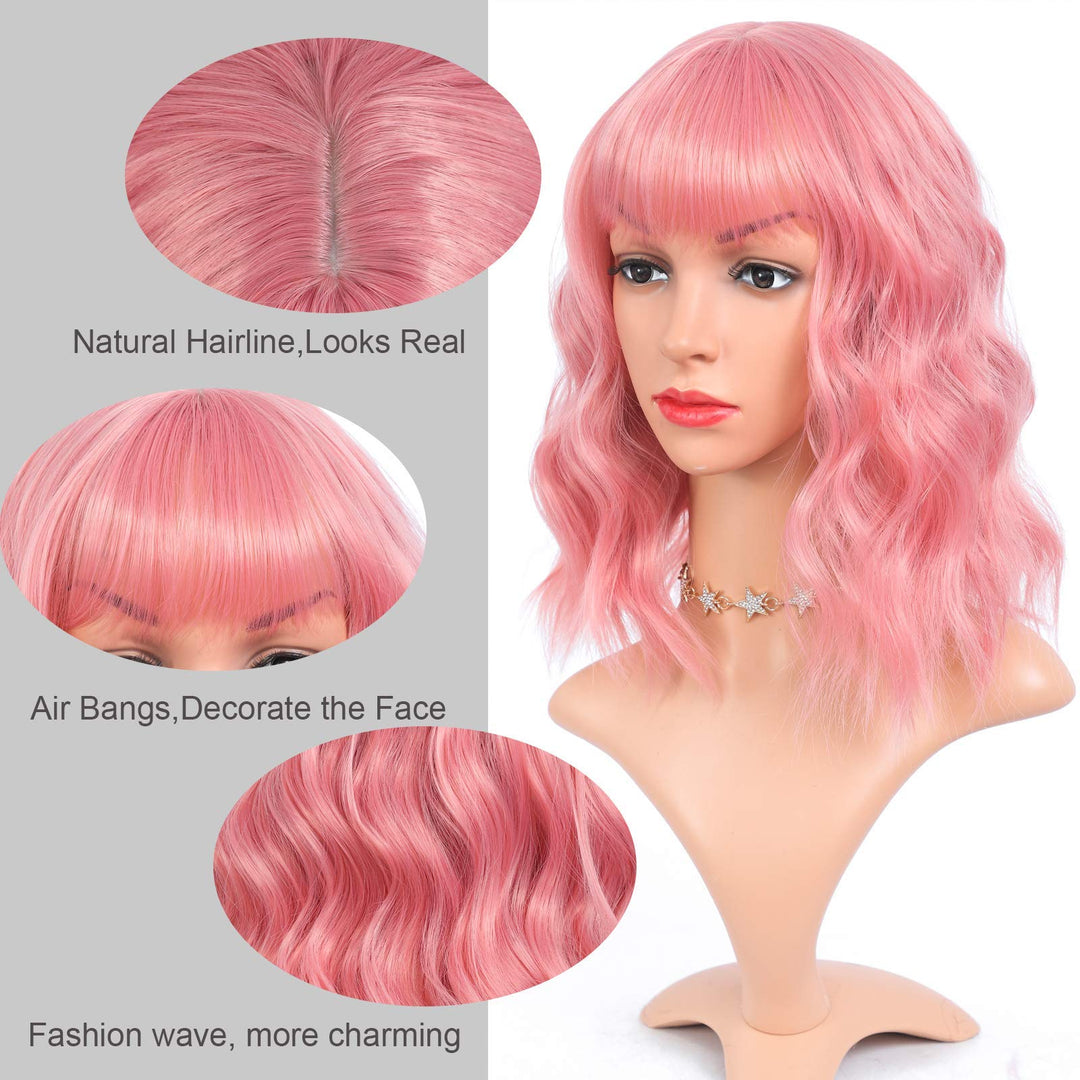 , Short Wigs Pink Wavy for Women Cosplay Wigs, 12 inch Synthetic wig with Adjustment Straps and Comfortable Rose Net Inside,Best Synthetic Heat Resistant Fiber(Pink)