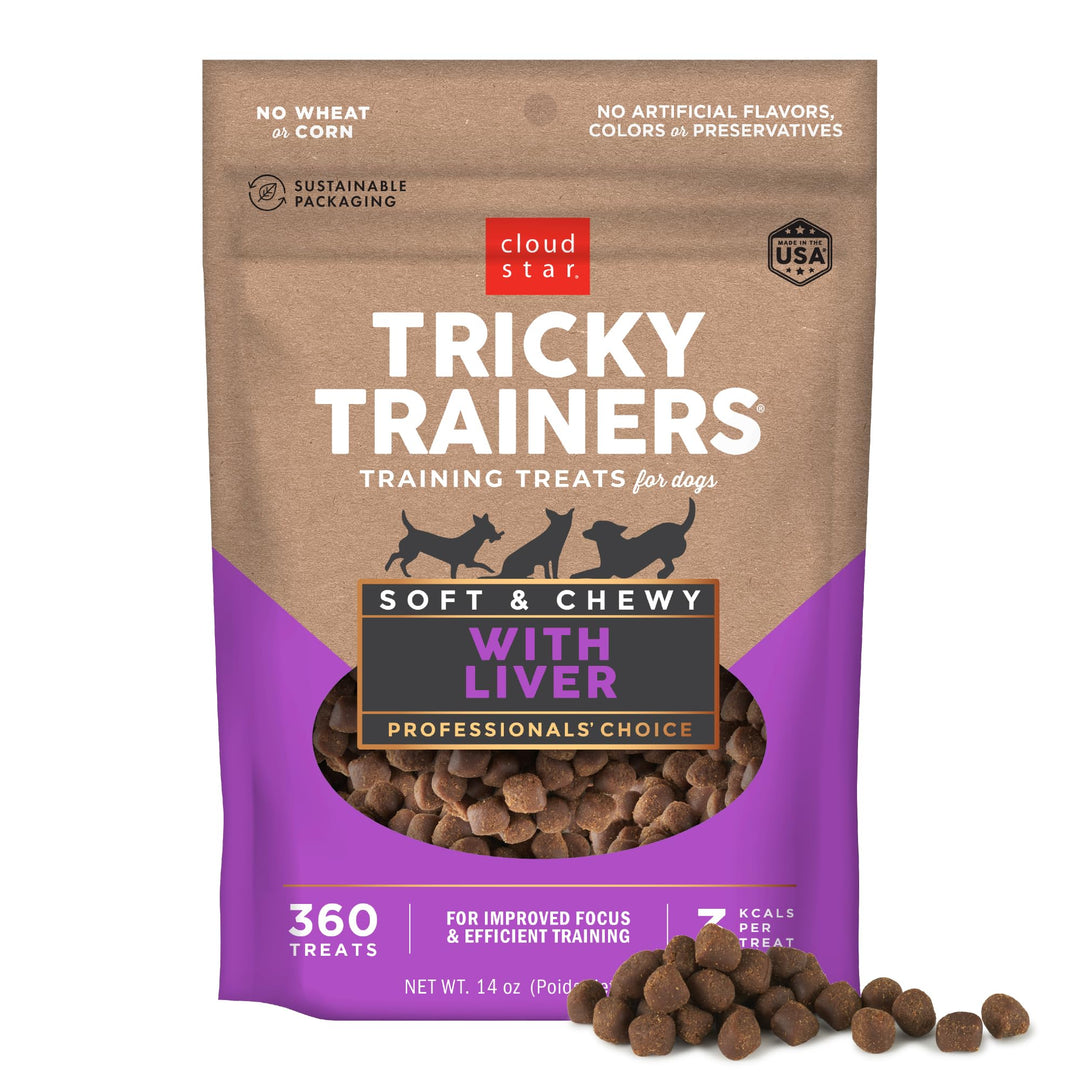 Tricky Trainers Soft & Chewy Dog Training Treats 14 oz. Pouch, Liver Flavor, Low Calorie Behavior Aid with 360 treats
