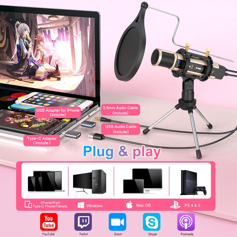 Studio Recording Microphone, Condenser Broadcast Microphone w/Stand Built-in Sound Card Echo Recording Karaoke Singing for Phone Computer PC Garageband Smule Live Stream & YouTube (Gold)