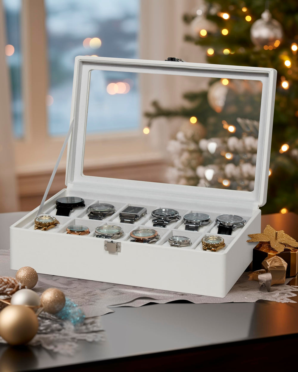Watch Box, 12 Slot Watch Case with Large Real Glass Lid, Watch Organizer with Removable Watch Pillow, White Synthetic Leather Watch Display, White