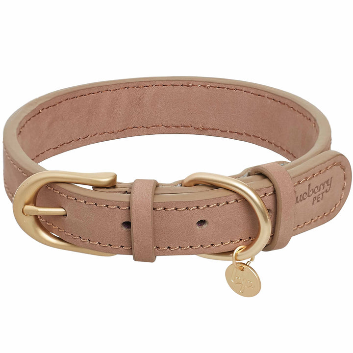 Soft & Comfy Genuine Full Grain Leather Adjustable Dog Collar - Beige, Large, Neck 18-22