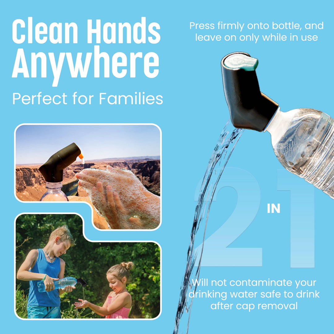 Refillable Caps, 2 Pack - Universal Fit Turns Most Disposable Water Bottles Into A Hand Washing Station - Includes Refillable Soap Reservoir - Conveniently Sized to Take on The Go - Black